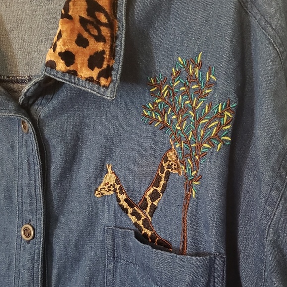 Faux Fur Denim Embroidered Button Down       0084 - Picture 3 of 7